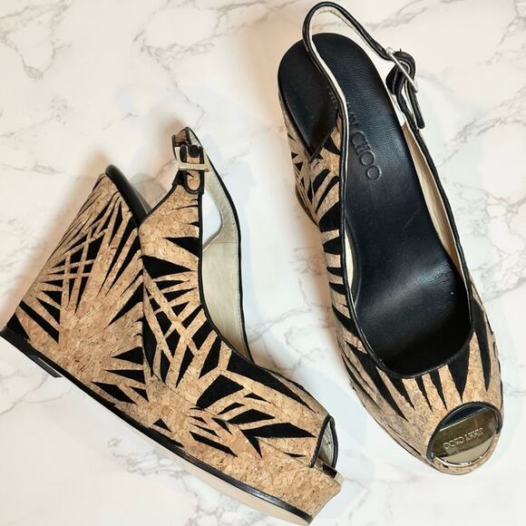 JIMMY CHOO Prova Black Laser-Cut Suede & Cork Wedge, 120mm SZ IT41 US10 $625 - Picture 3 of 12